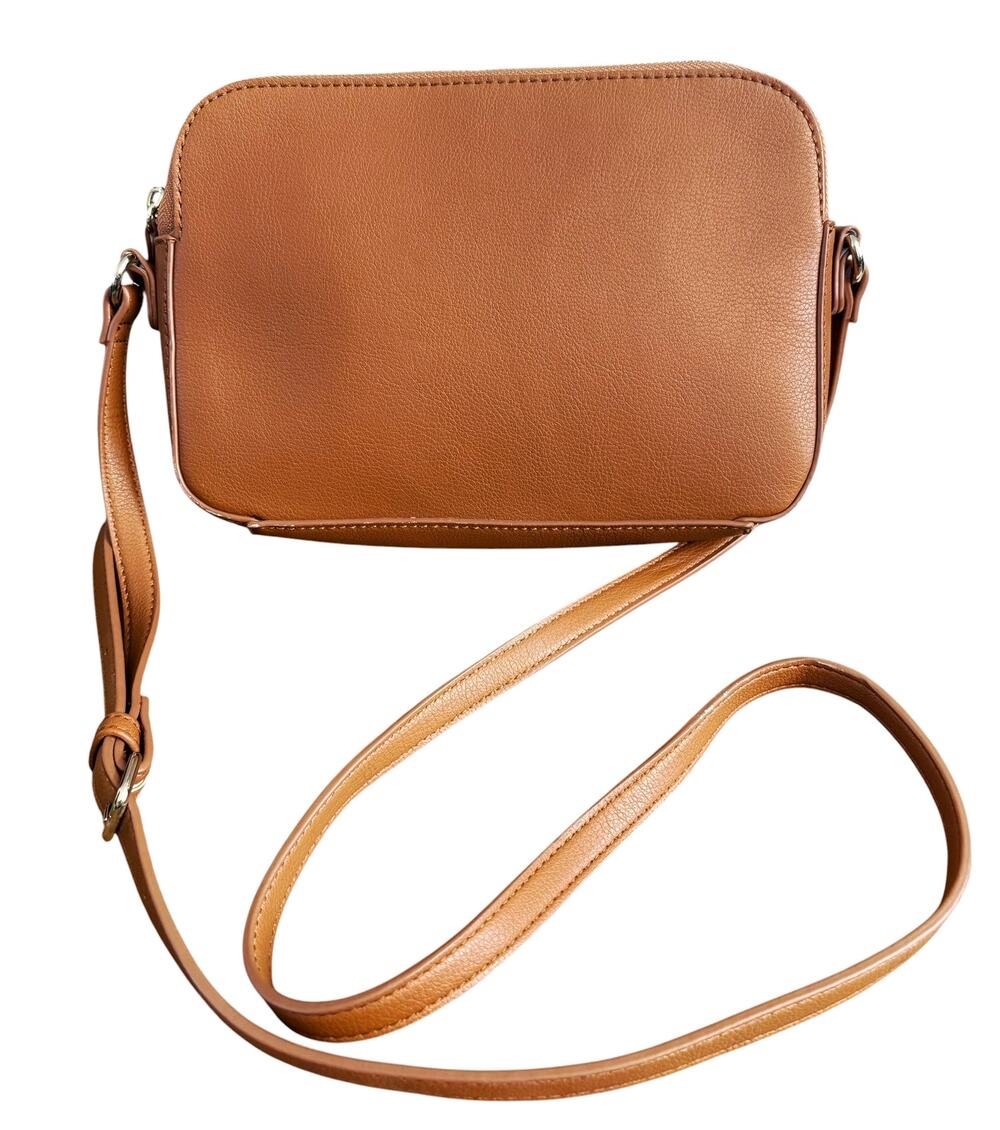 Old Navy Faux Leather Zip Crossbody Bag Saddle Tan Adjustable Strap Purse